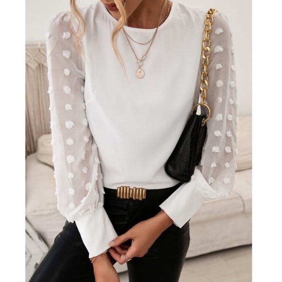 Tops - Swiss dot sheer sleeve work blouse
